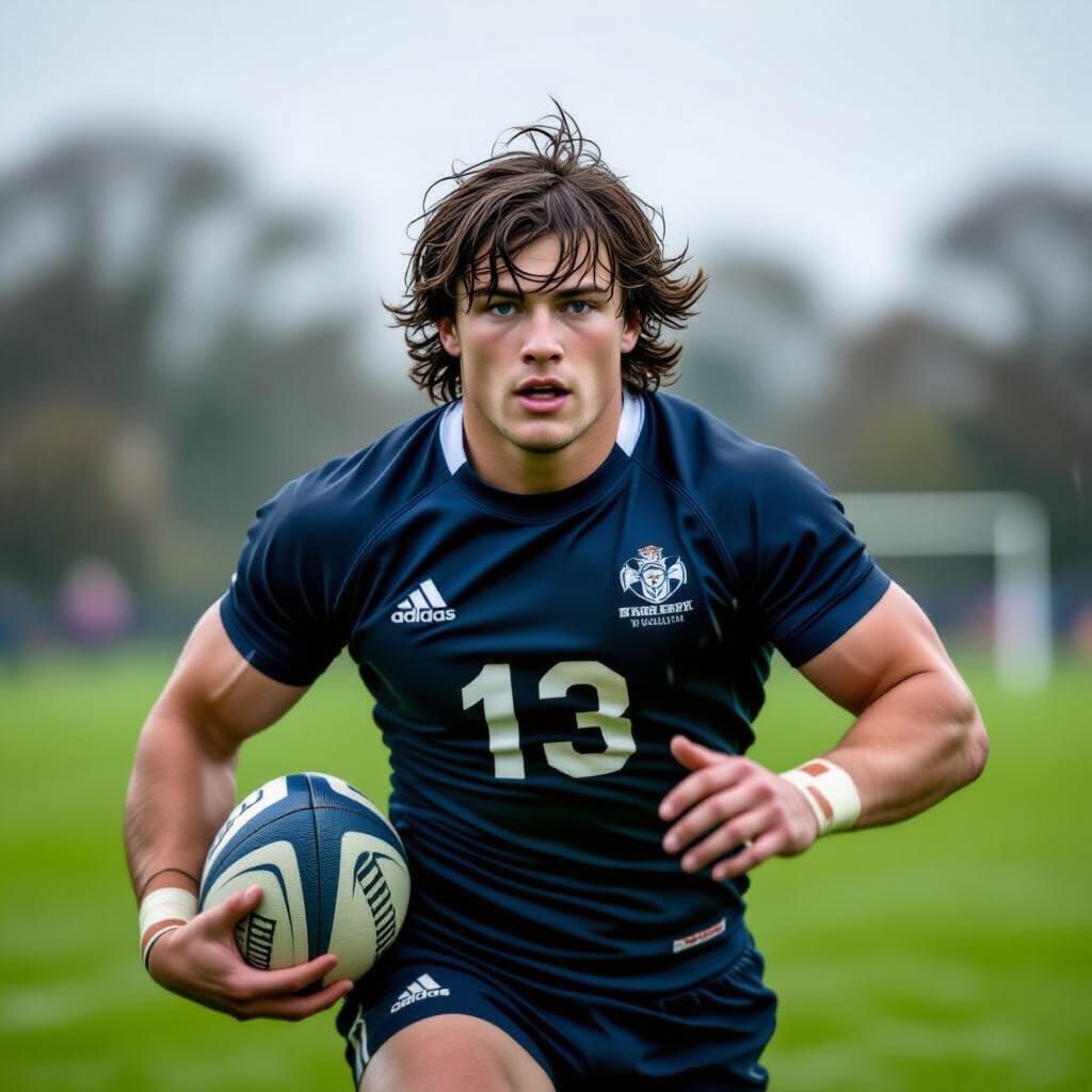 Irish Rugby Player Running in Rain, Dramatic Lighting