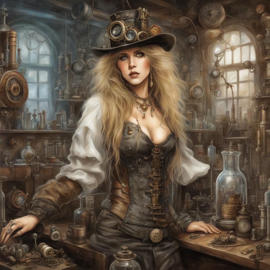 Steampunk Alchemist in Cluttered Laboratory, Fantasy Art