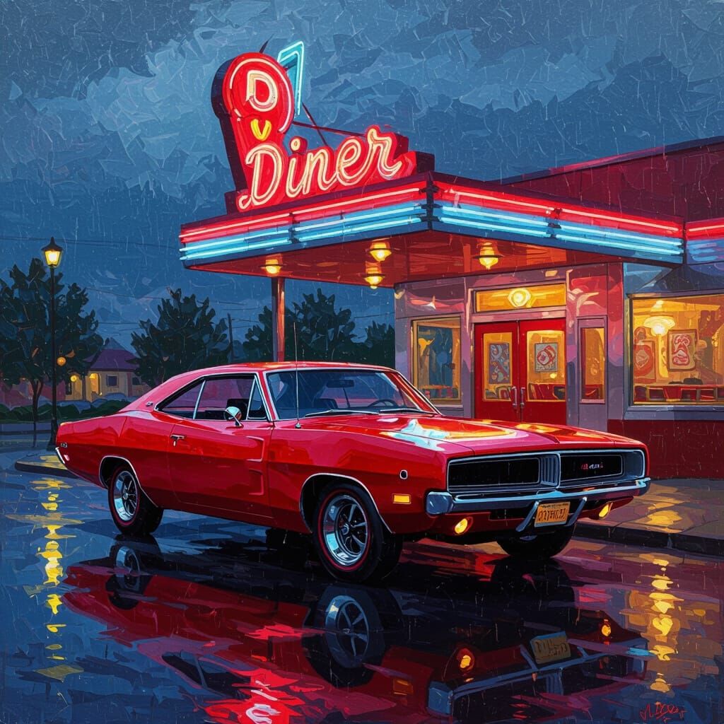 Cherry Red 1969 Dodge Charger at Neon Diner