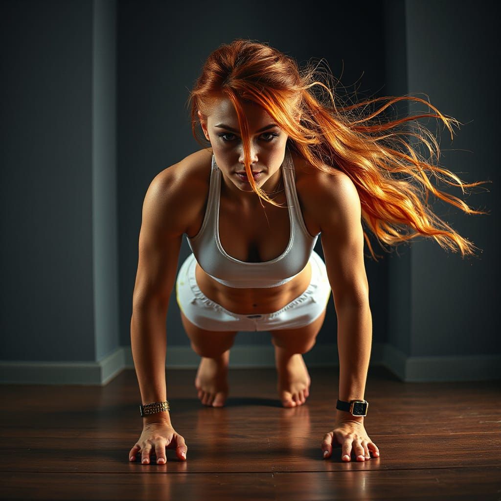 Redhead Fitness Model Doing Pushups in Hyperrealistic Style