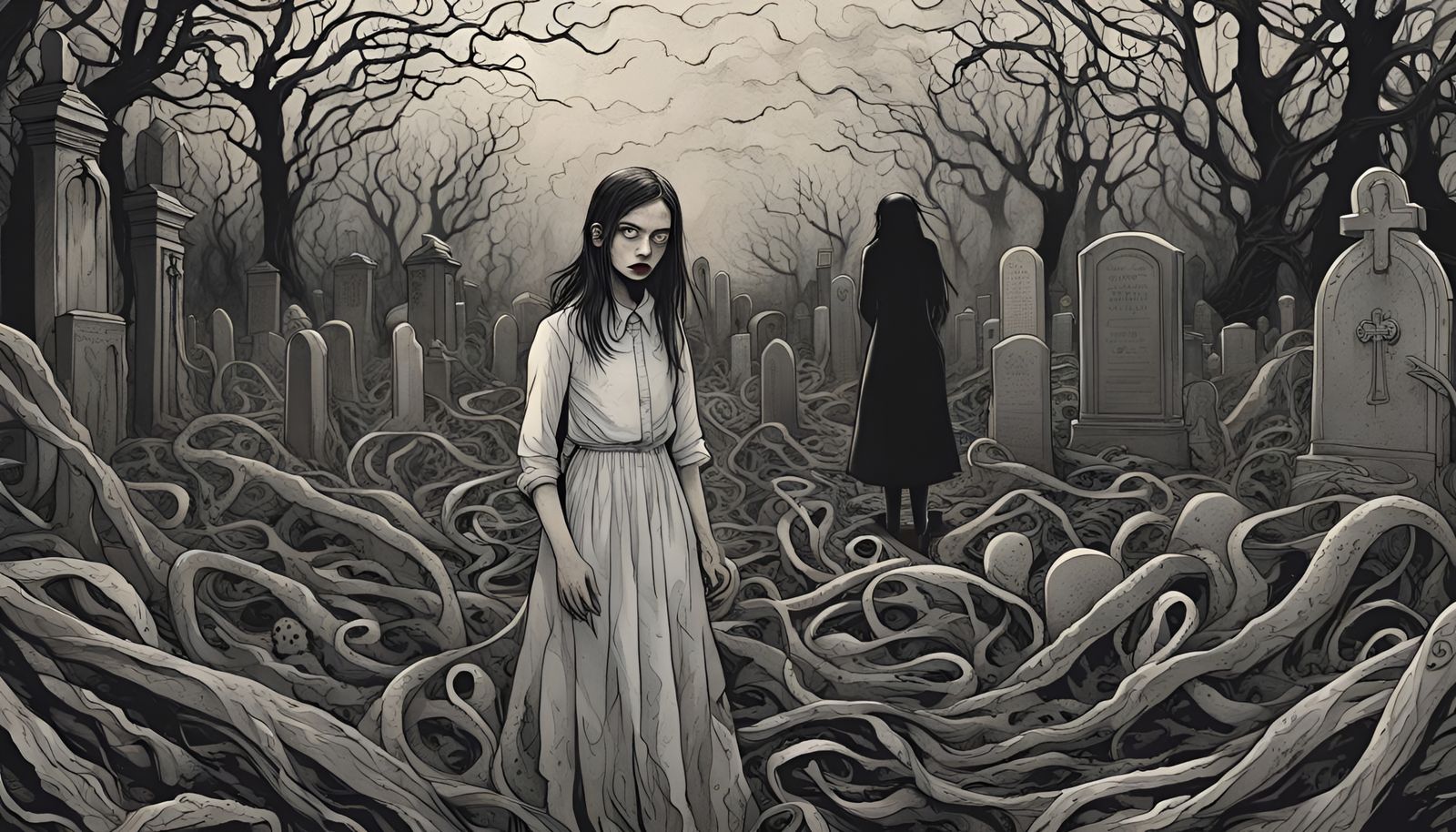 Unsettling Horror Illustration with Demonic Cemetery