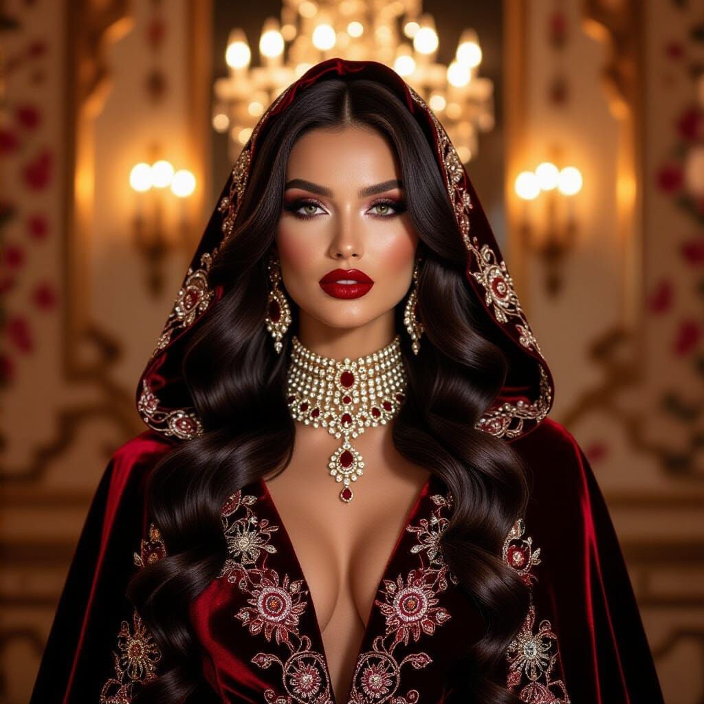 Raven Haired Beauty with Ruby Lips in Art Deco Room