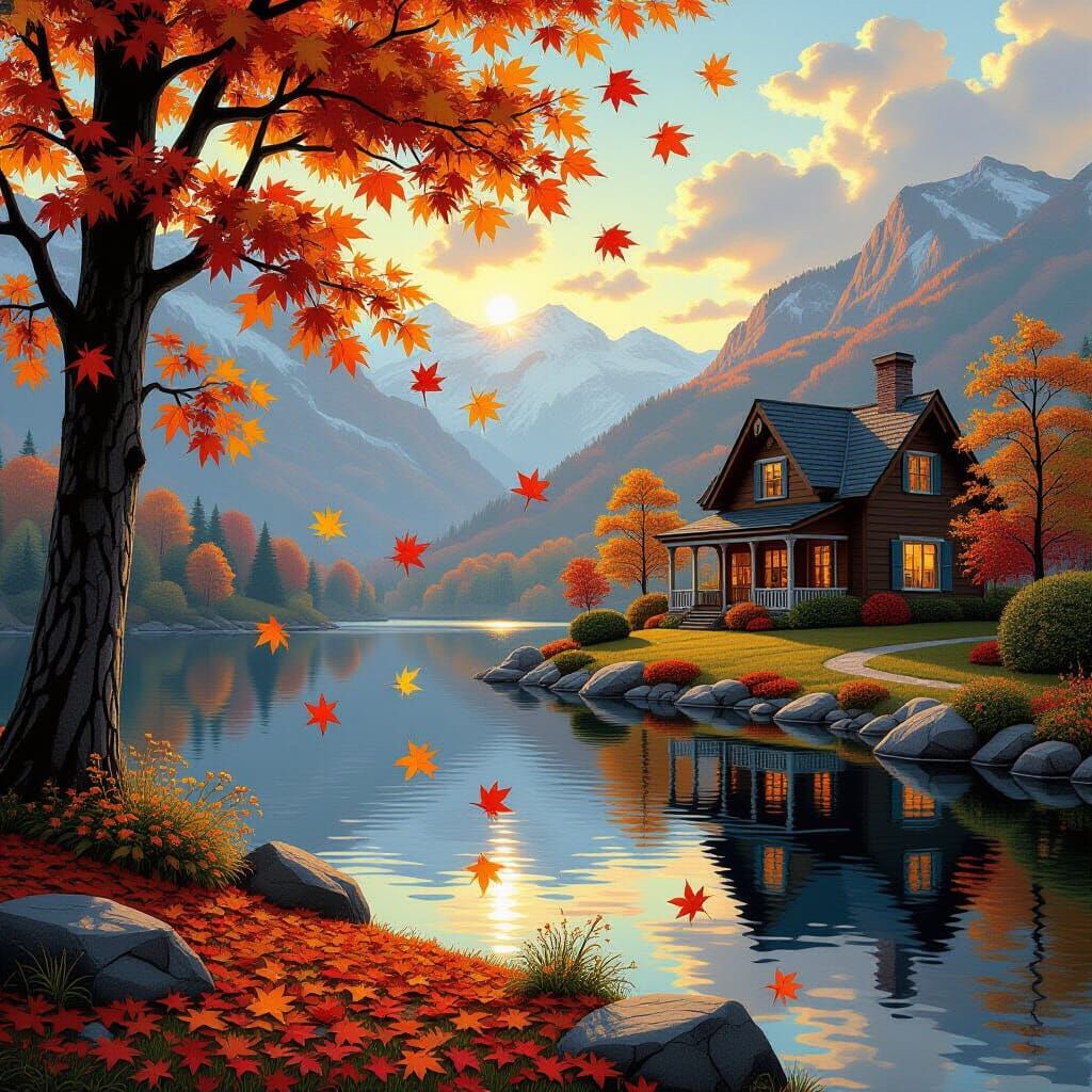 Autumn Landscape with Falling Leaves in Kinkade Style