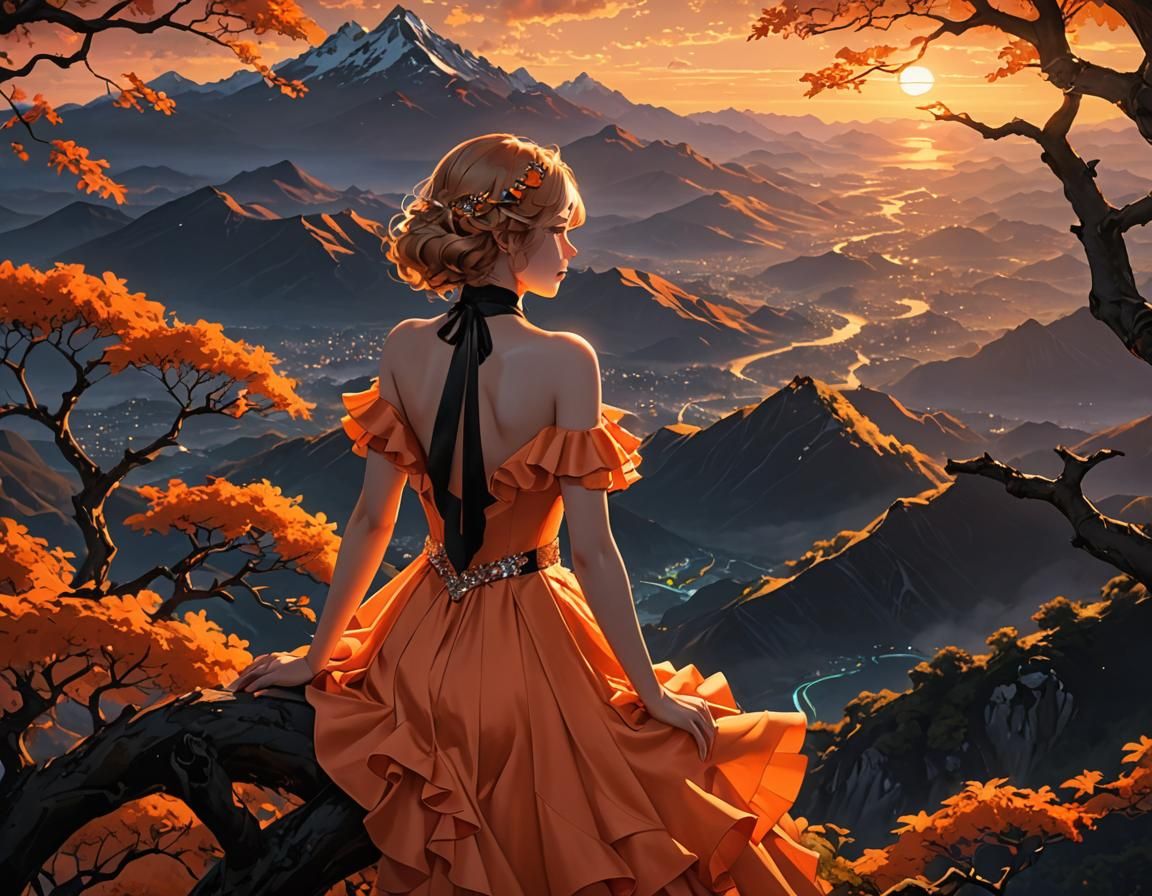 Sunrise Mountain View with 1930s Dress, 3D Anime Art