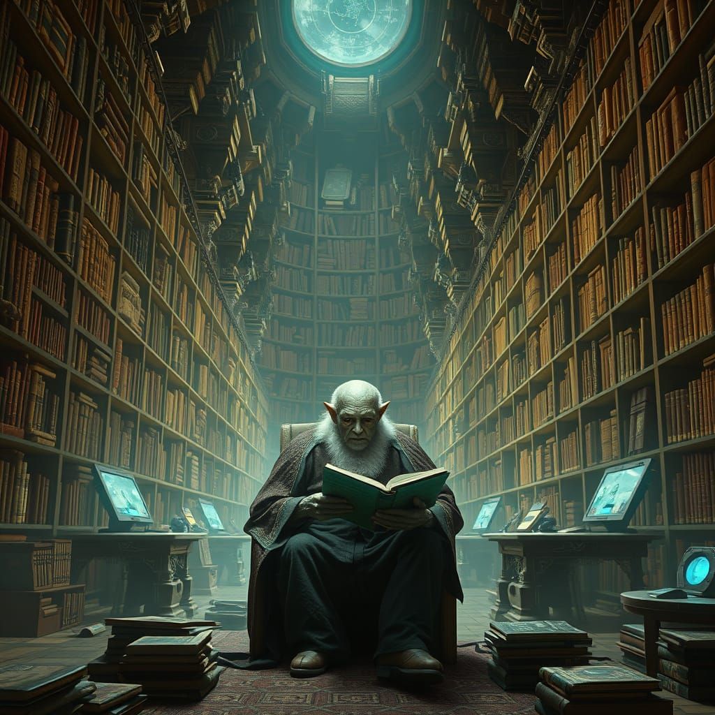 Alien scholar sits in a vast, ancient library