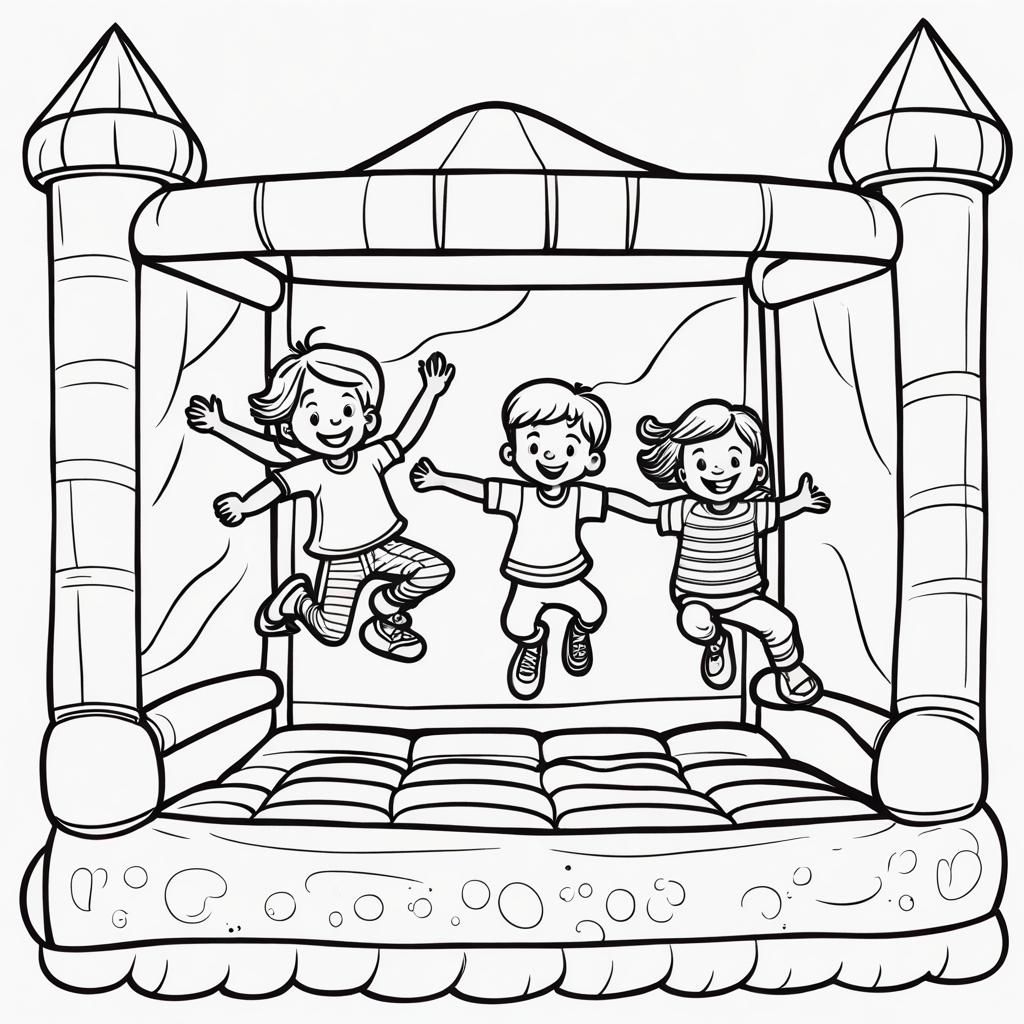 Children's Coloring Book Page: Bouncy House Fun