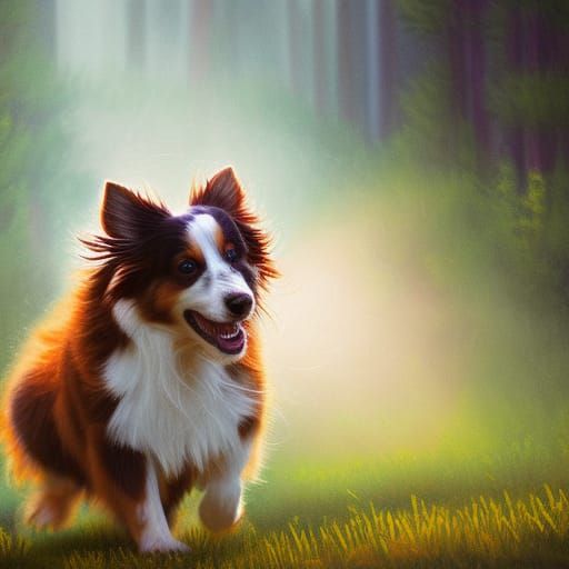 Australian Shepherd in Springtime Forest: Digital Painting