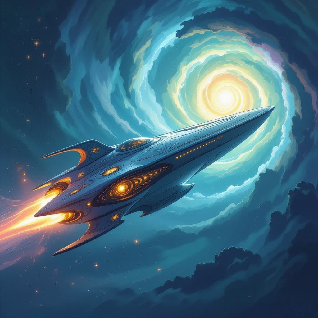 Majestic Starship Navigates Magical Vortex in Storybook Styl...