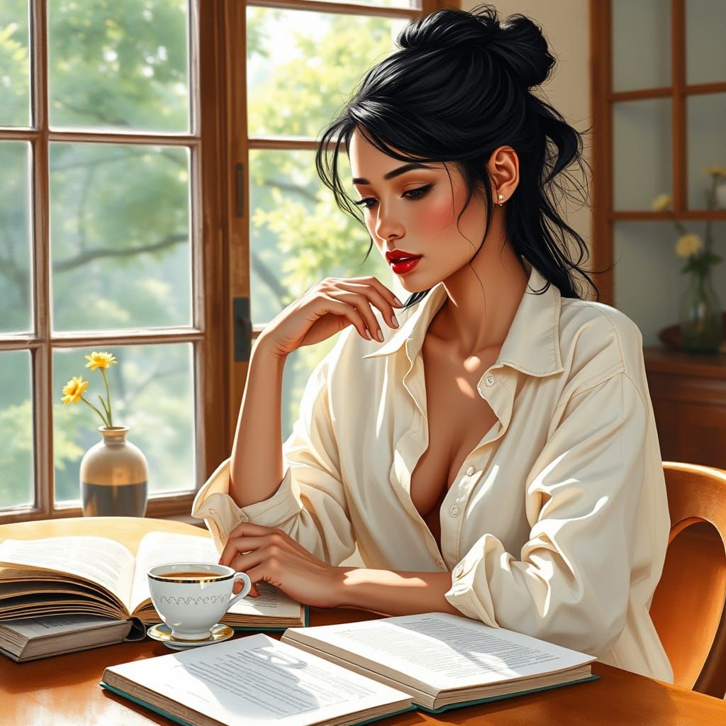 A Serene Latina Woman Lost in Thought Over Coffee