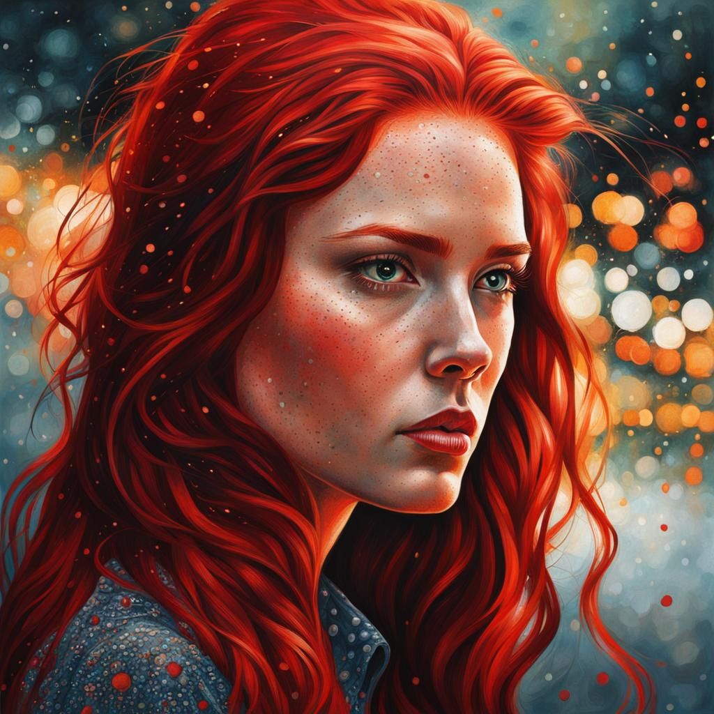 Red Haired Woman in Pointillist Expressionism