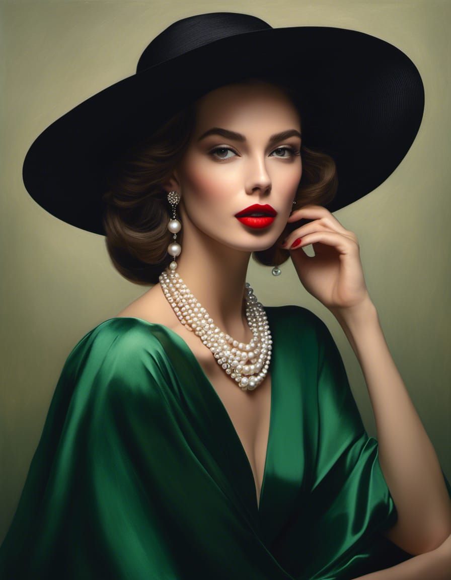 Elegant Woman in Black Hat and Green Dress