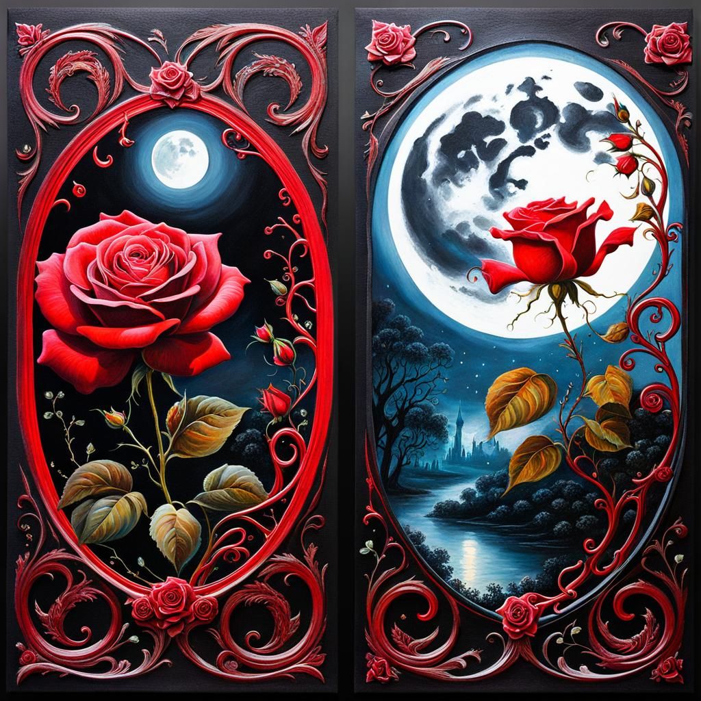 Rococo surrealism, art divided in two separate panels, red roses, moon, swirling rose vines, oil on canvas...
