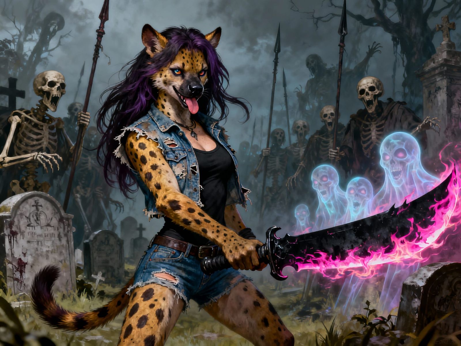 Dark Fantasy She-Hyena Wielding Fiery Claymore in Graveyard