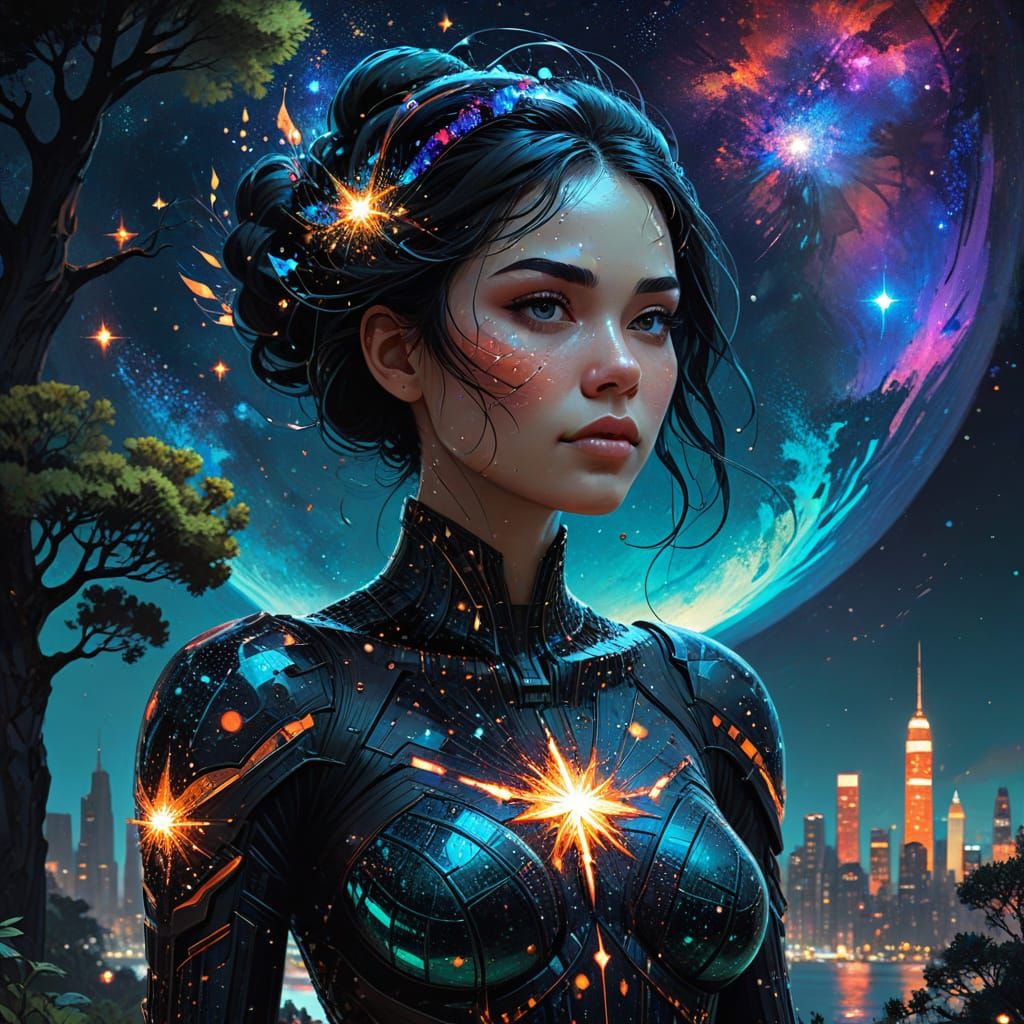 Galaxy Princess in Double Exposure Digital Painting