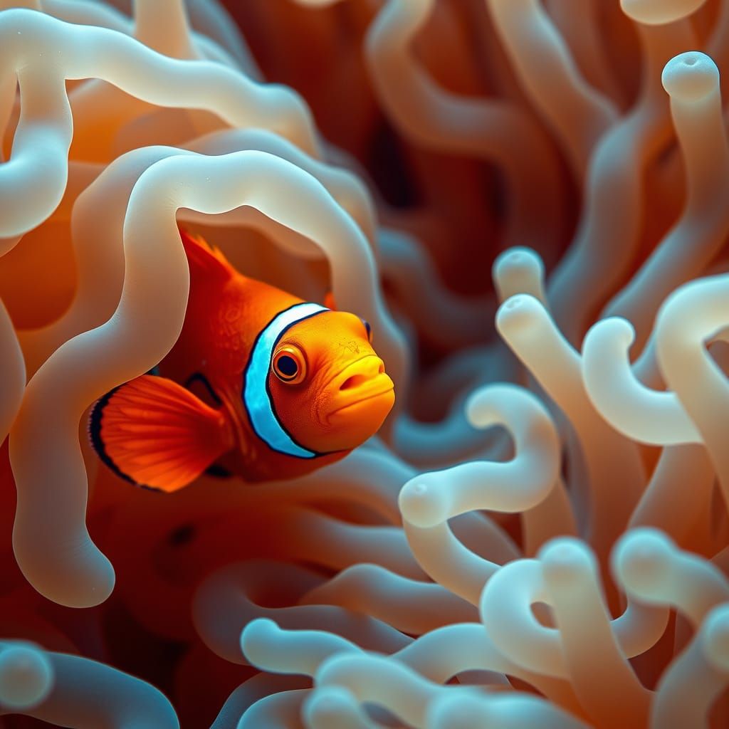 Clownfish and Anemone in Bioluminescent Style