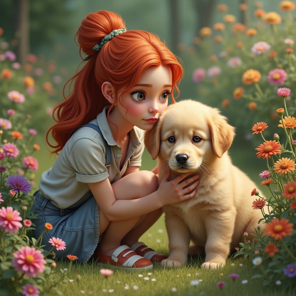 Fantastical Garden Scene with Redheaded Woman and Golden Pup...