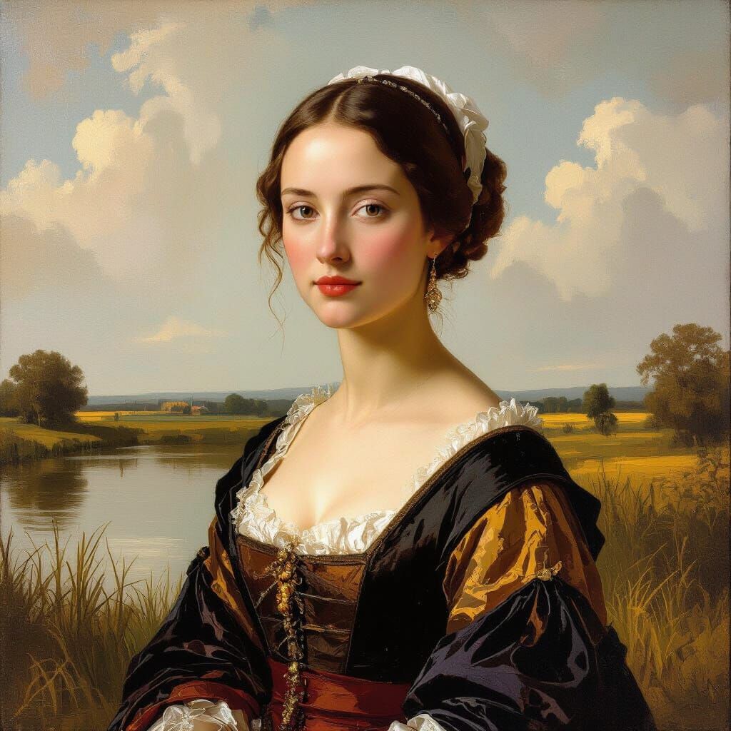 Serene Woman in Elegant Attire as Classic Oil Painting