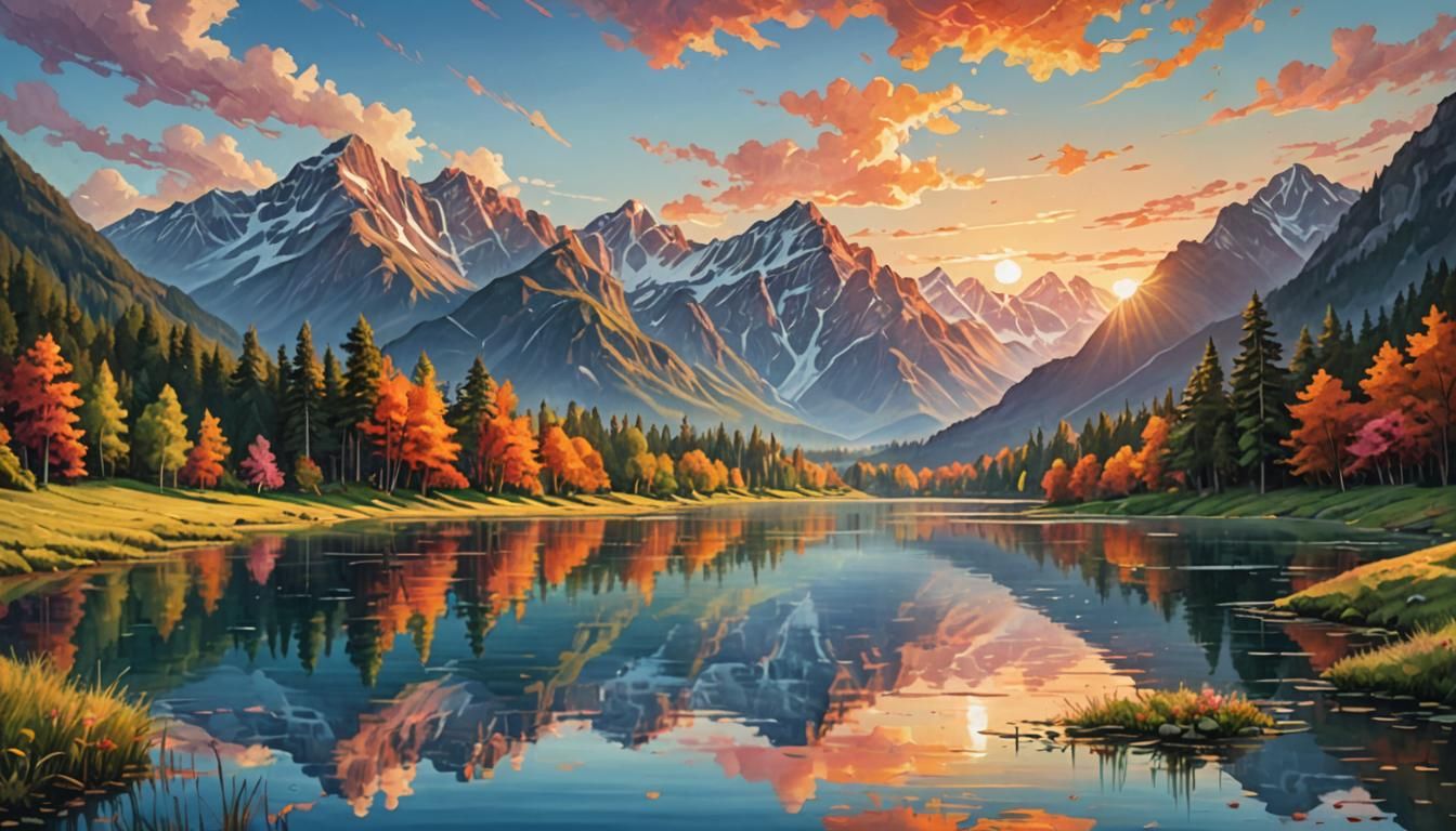 Majestic Mountain Range Meets Serene Lake at Sunset