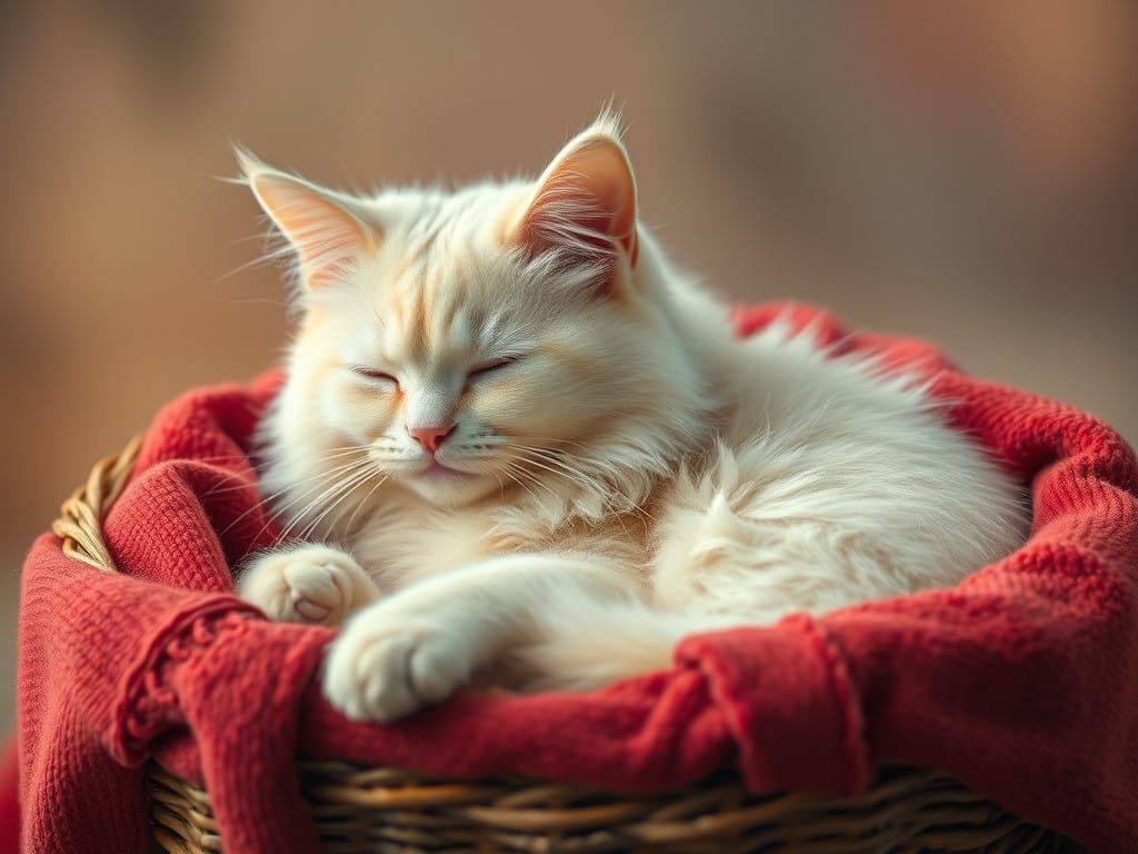 Whimsical Cream Cat Slumbers in Cozy Red Basket