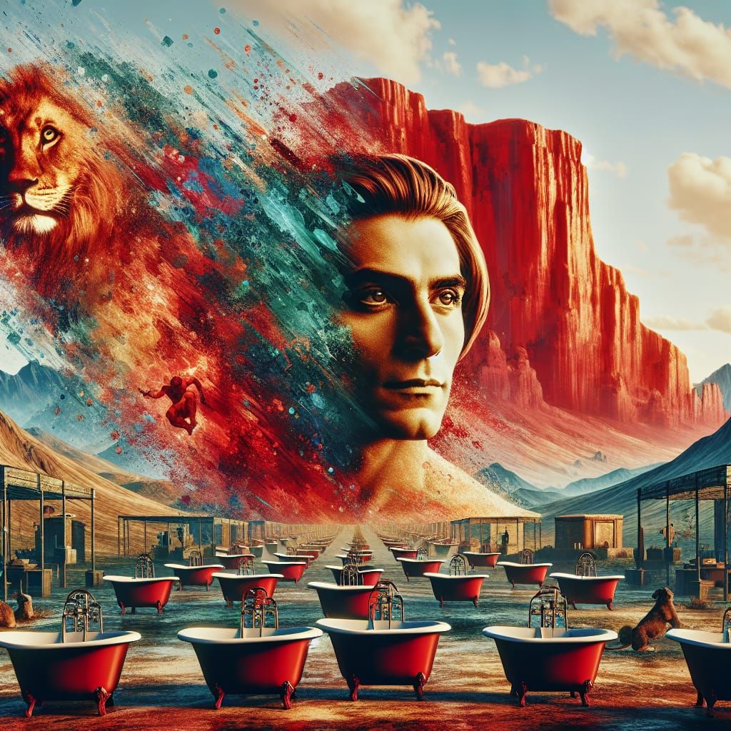 Maximalist Double Exposure with Flying Man and Red Rock