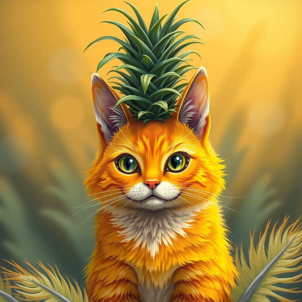 Medium shot low angle of a smiling  pineapple cat with weird green shoots and yellow fur.