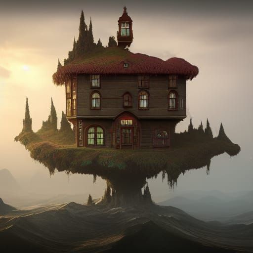 Fantastical Levitating House in Detailed Matte Painting