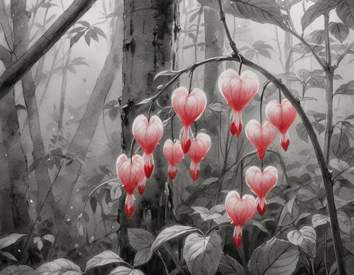 Monochrome Watercolor of Bleeding Heart Flowers