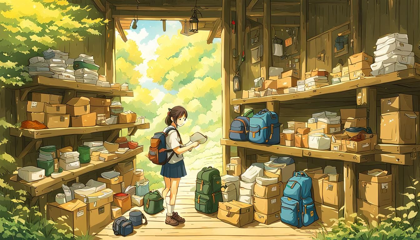 Anime Girl Hiking Prep in Ghibli Style