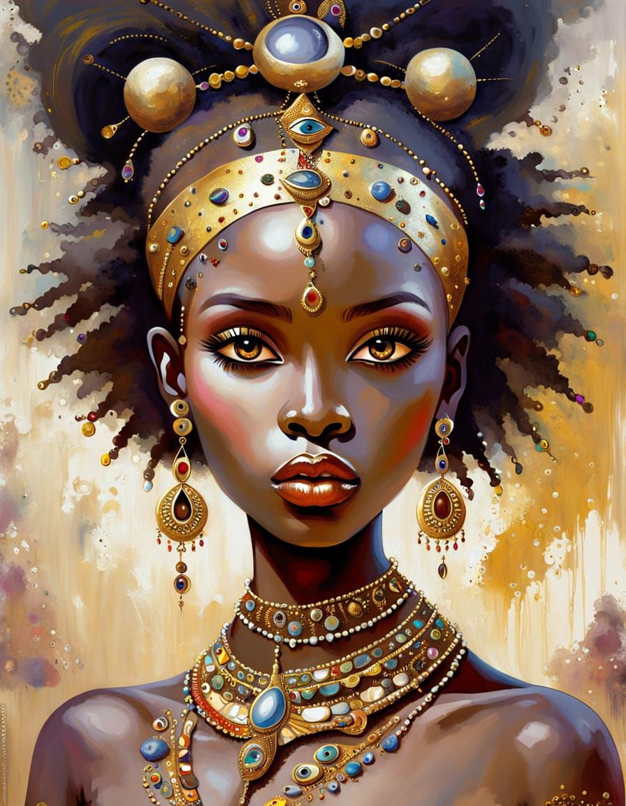 Dreamlike Portrait of an Elongated African Princess in Whims...