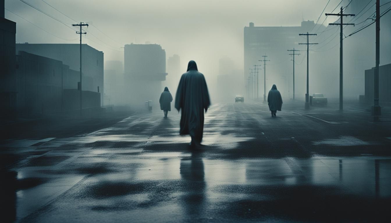 Eerie Ghostly Figures in Misty Urban Aftermath