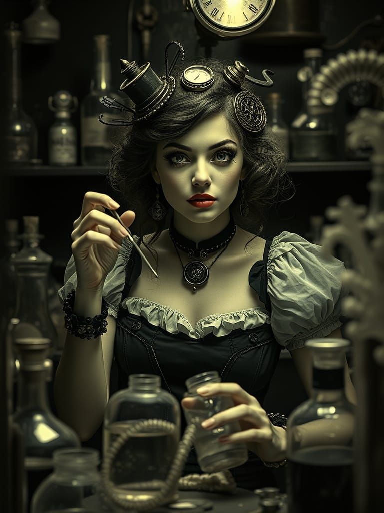 Steampunk Alchemist in Pop Surrealist Laboratory
