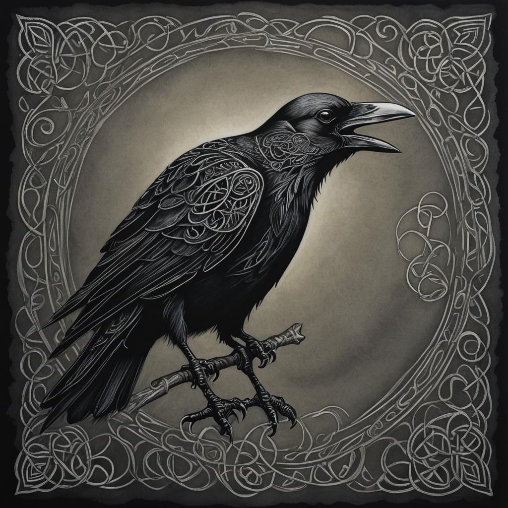 Celtic Raven Silhouette in Crayon Style