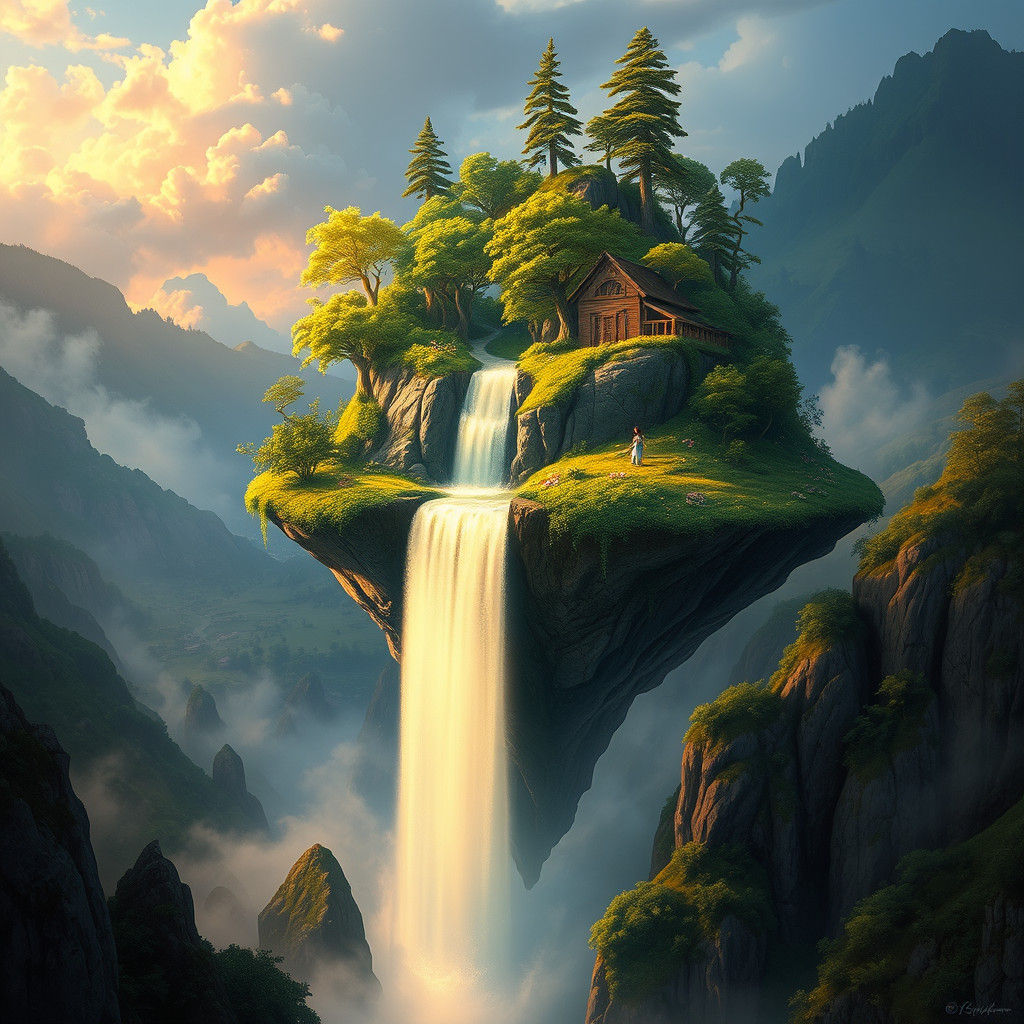 Floating Island Waterfall in Dreamlike Style