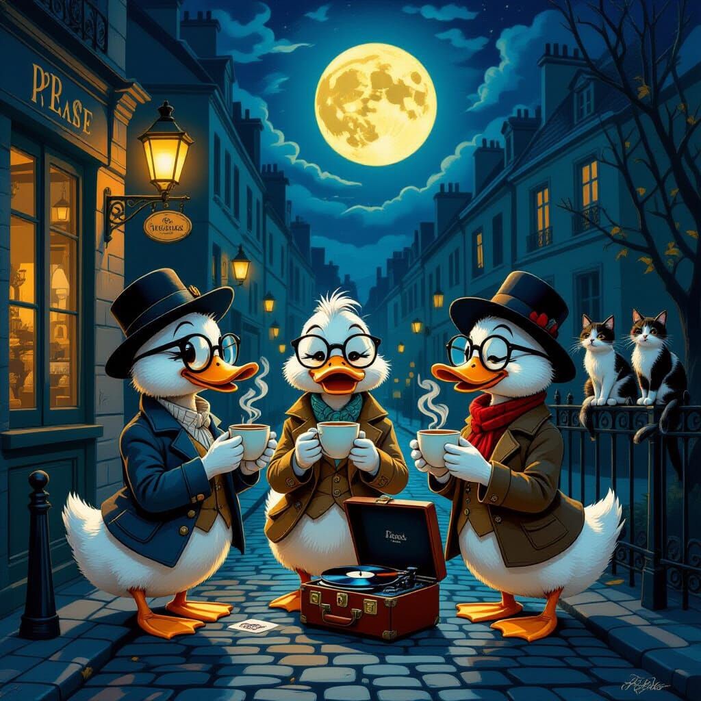 Hipster Ducks Enjoy Coffee and Music Under Full Moon