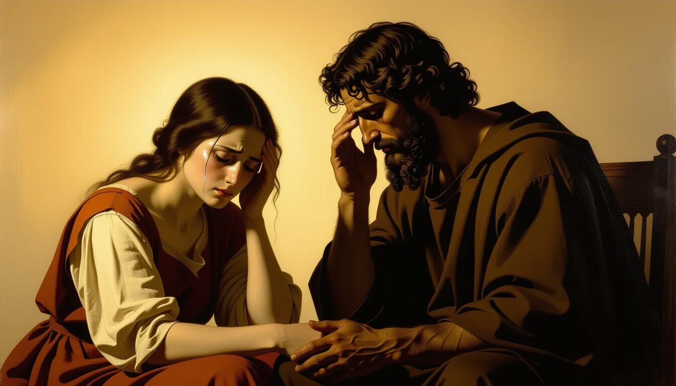 Justice Offers Comfort in Chiaroscuro Oil Painting