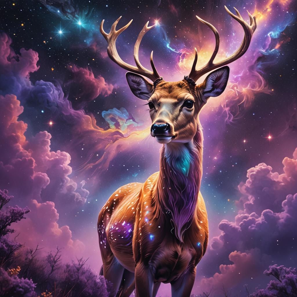 Cosmic Deer with Ethereal Powers in Galaxy Landscape