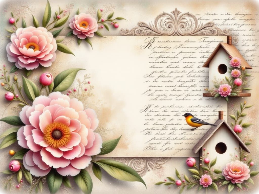 Whimsical Floral Scene in Vintage Scrapbook Style
