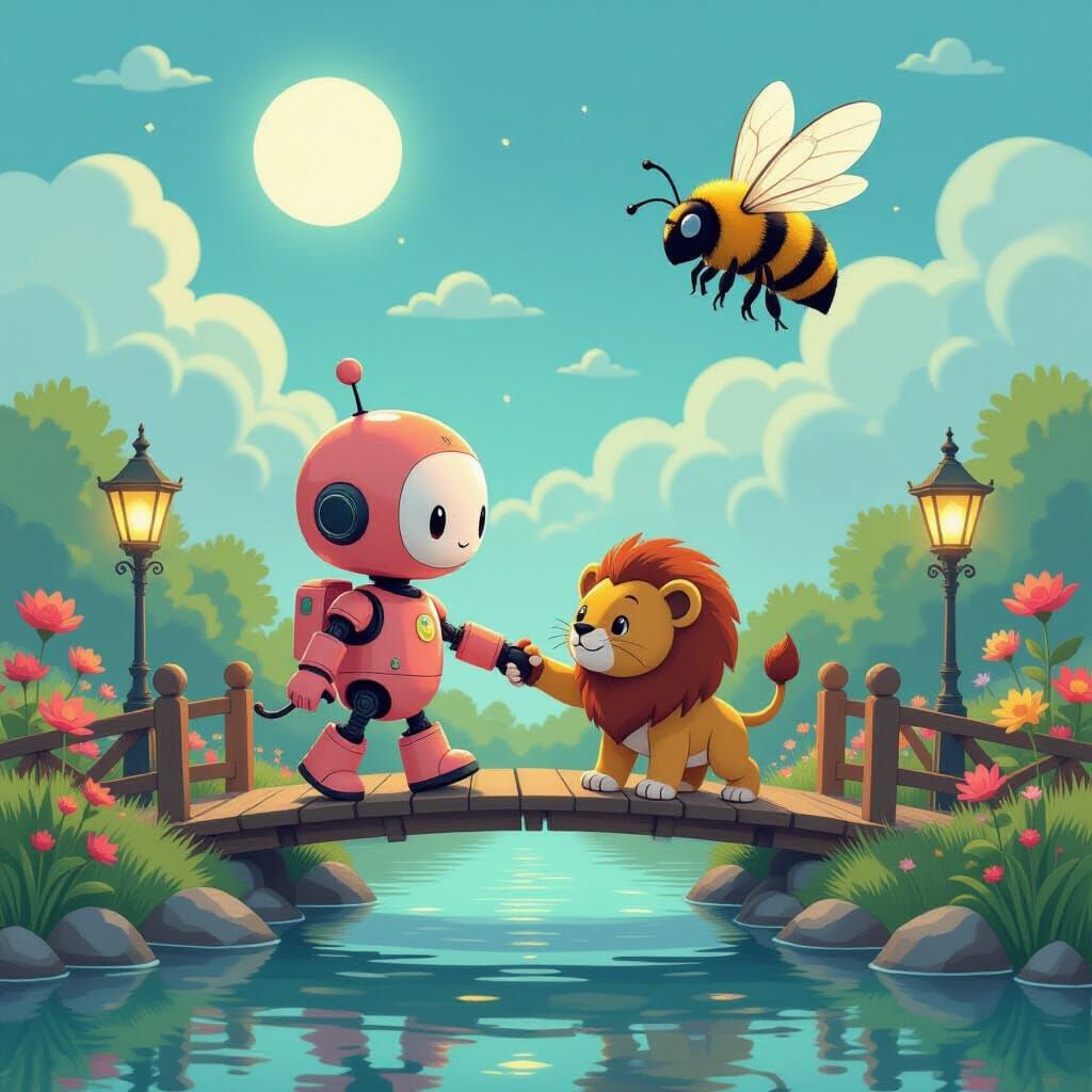 Robot and Lion Cub in Dreamlike Rembrandt Lighting