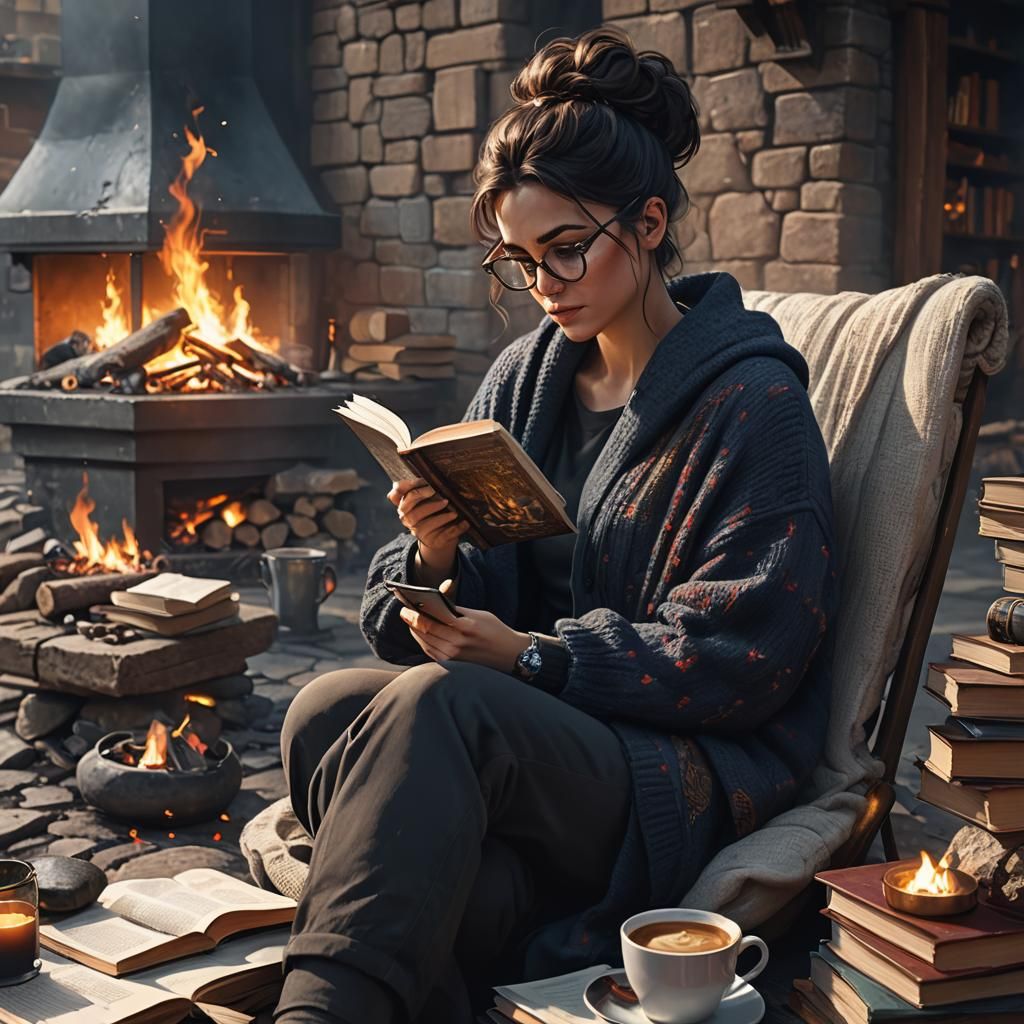 Woman Reading by Fire: Detailed Matte Painting