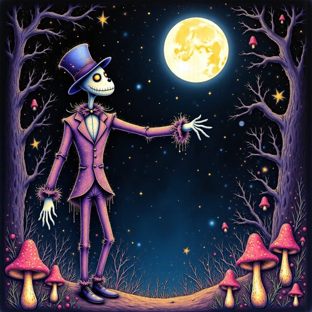 Surreal Scarecrow in Baroque Splendor Under Starry Sky