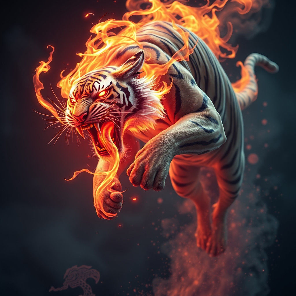 Fiery Tiger Leap: Detailed Fantasy Concept Art