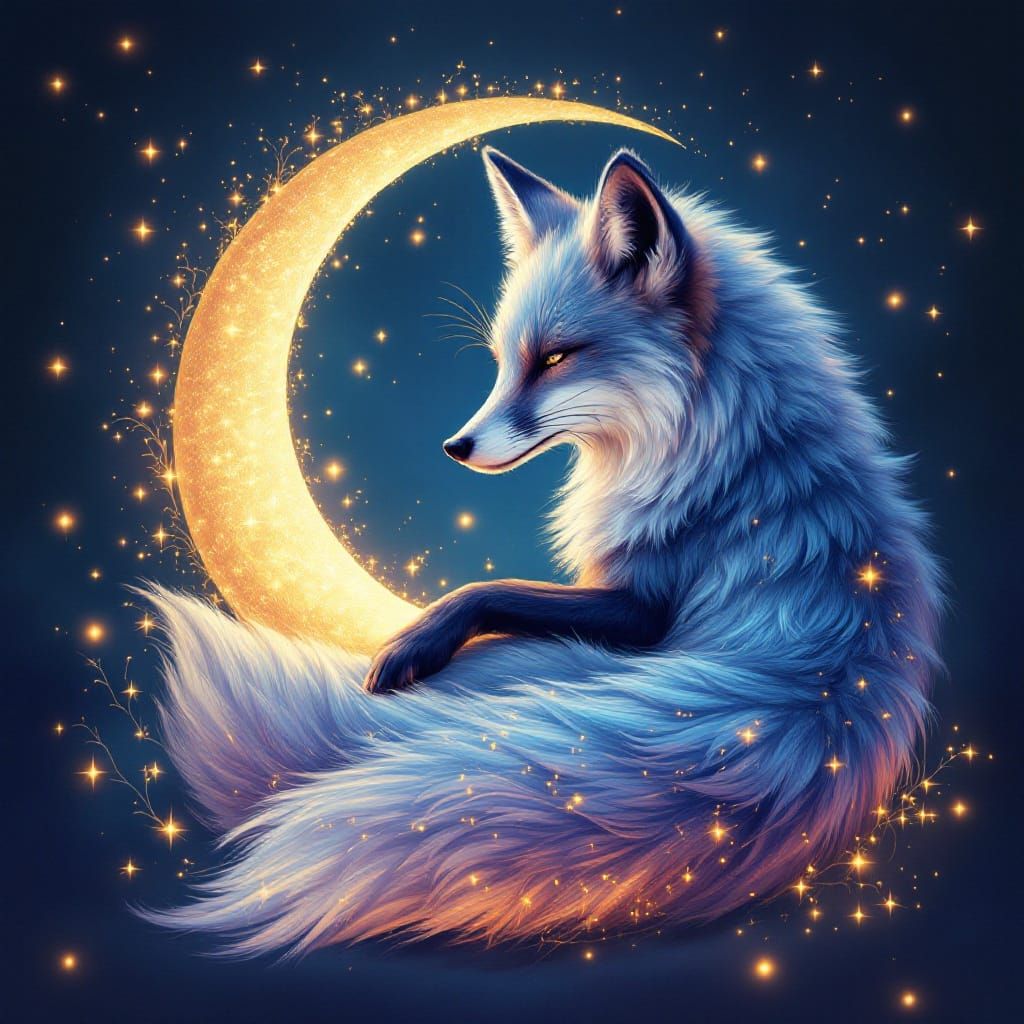 Fox in Crescent Moon with Fireflies, Mystical Concept Art