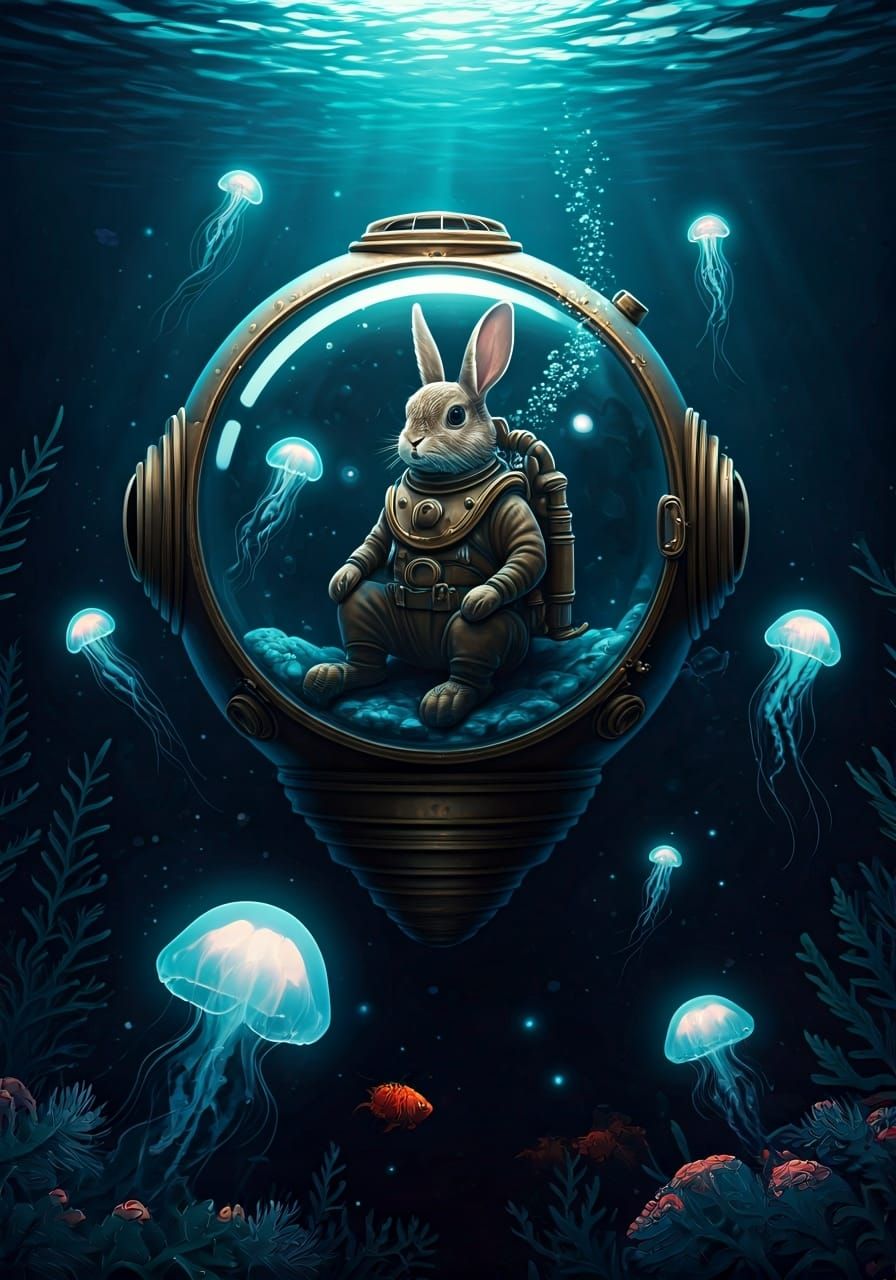 Rabbit's Deep Sea Adventure in Bioluminescent Ocean