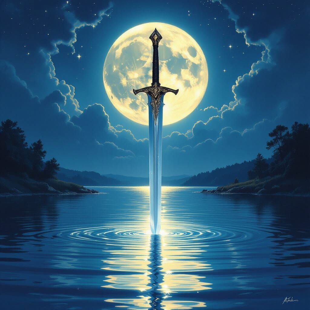 Mystical Sword Excalibur Rises From Moonlit Lake