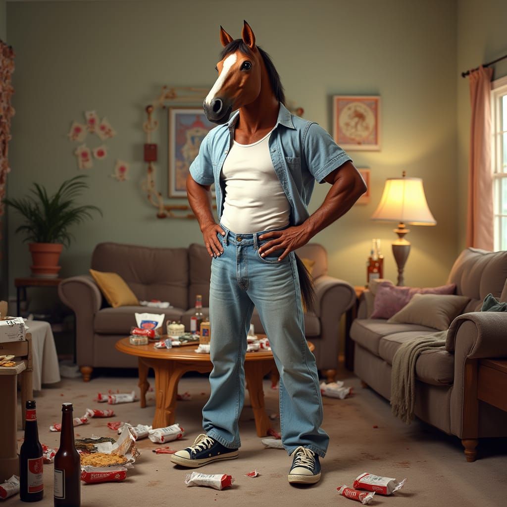Friendly Horseman in 90s Dad Fashion Amidst Post-Party Chaos