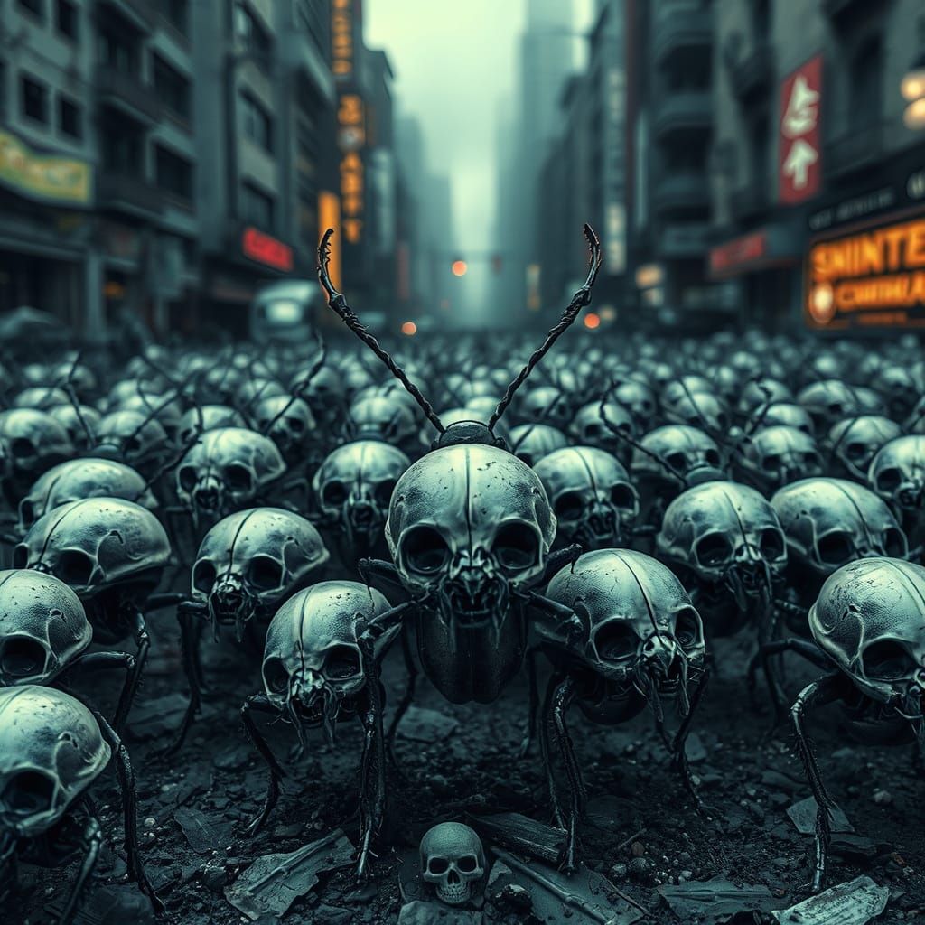 Eerie Skull Beetles in Dystopian City