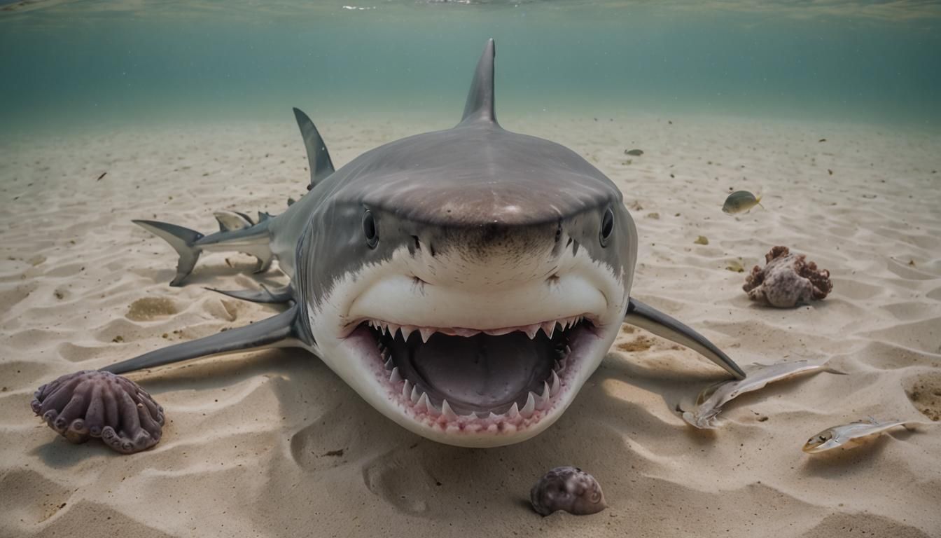 Photorealistic Great White Shark Approaching with Open Mouth