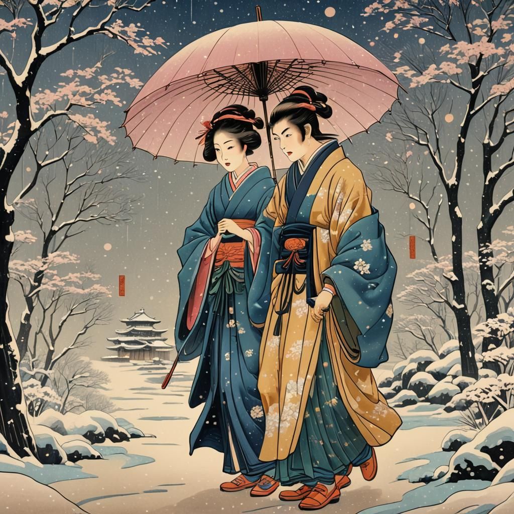 Lovers in Snow: Ukiyo-e Print in Suzuki Harunobu Style