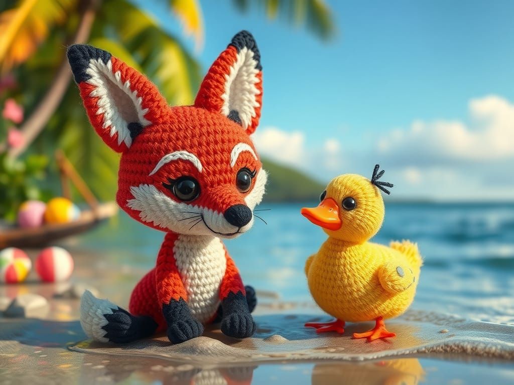 Vibrant Crochet Fox in Whimsical Beach Scene