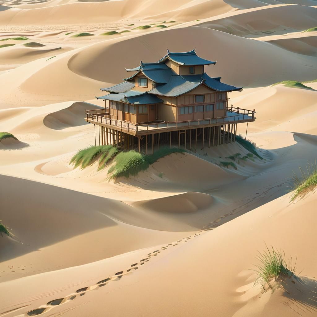 Floating Japanese House in Desert: Studio Ghibli Style